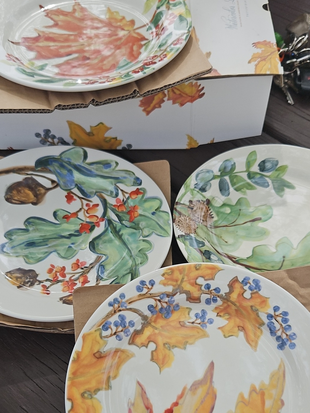 Hand-Painted Botanical Dinner Plates - Set of 4 (Autumn Leaves & Floral Motifs)